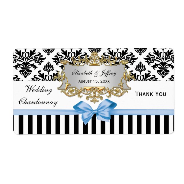 Black White Rand Damask Lt Blue Party Vin etikett Fraktsedel (Framsidan)