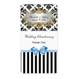Black White Rand Damask Lt Blue Party Vin etikett Fraktsedel