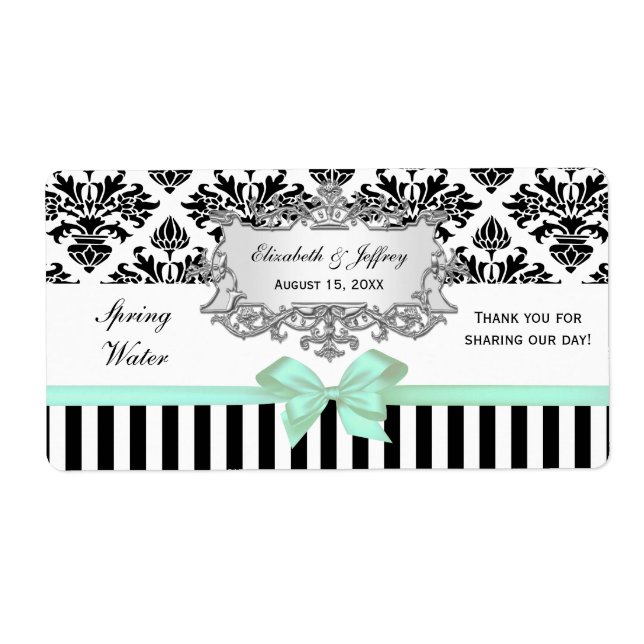 Black White Rand Damask Mint Vatten etikett Silver Fraktsedel (Framsidan)