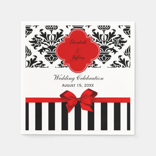 Black White Rand Damask Red Ribbon Pappersservett (Framsidan)