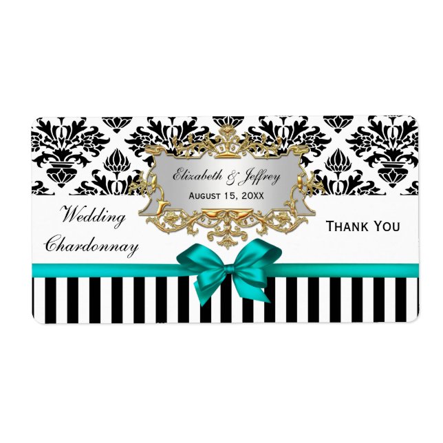 Black White Rand Damask Teal Party Vin-etikett Fraktsedel (Framsidan)
