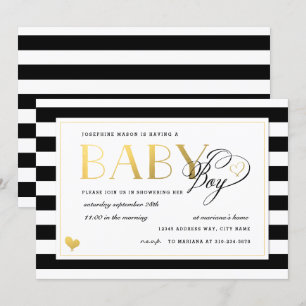 Black & White Rand Faux Guld Boy Shower Inbjudningar