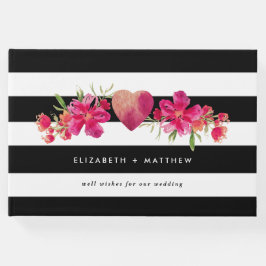 Black & White Rand Fuchsia Blommigt Bröllop Gästböcker