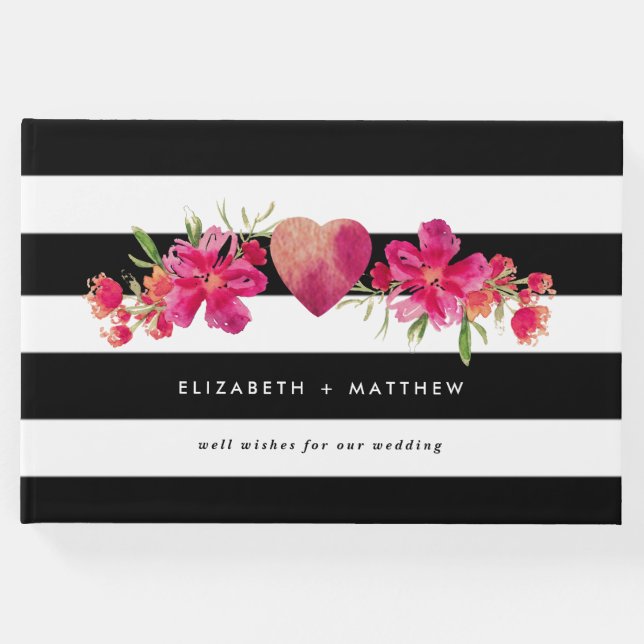 Black & White Rand Fuchsia Blommigt Bröllop Gästböcker (Framsida)