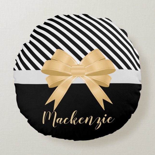 Black White Rand Goldem Bow Rund Kudde (Framsidan)