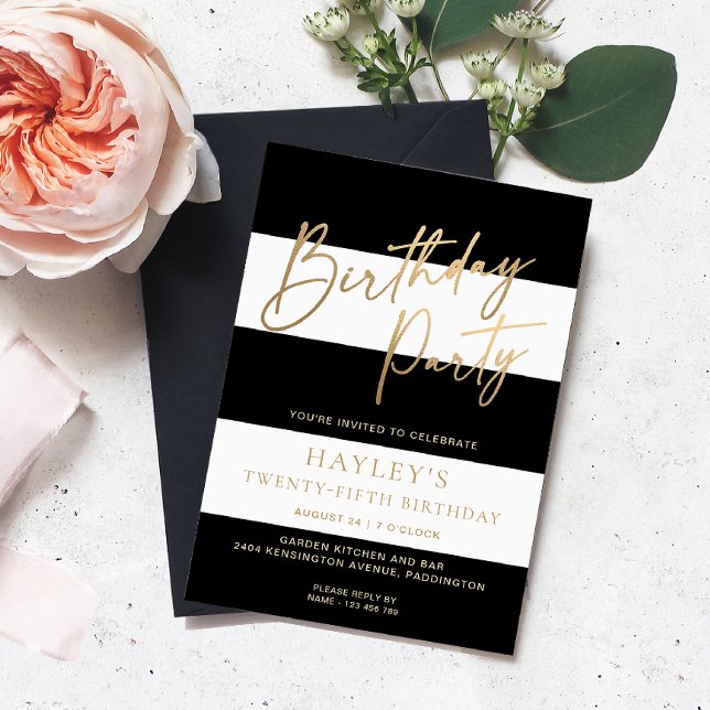 Black White Rand Guld Birthday Inbjudningar (Birthday Party Invitation)