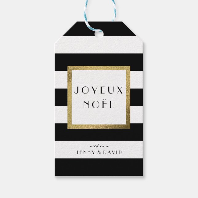 Black & White Rand "Joyeux Noël" Julafton Helgdag Presentetikett (Framsidan)