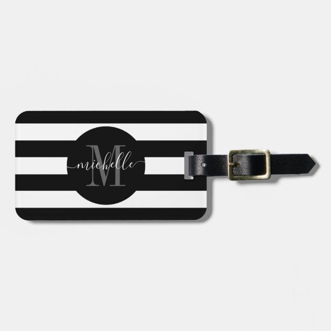 Black White Rand Monogram Girly-skript Circle Bagagebricka (Horisontell Framsida)
