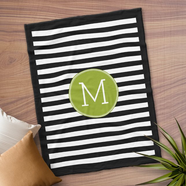 Black White Rand Mönster Preppy Grönt Monogram Fleecefilt (Personalized Fleece Blanket)
