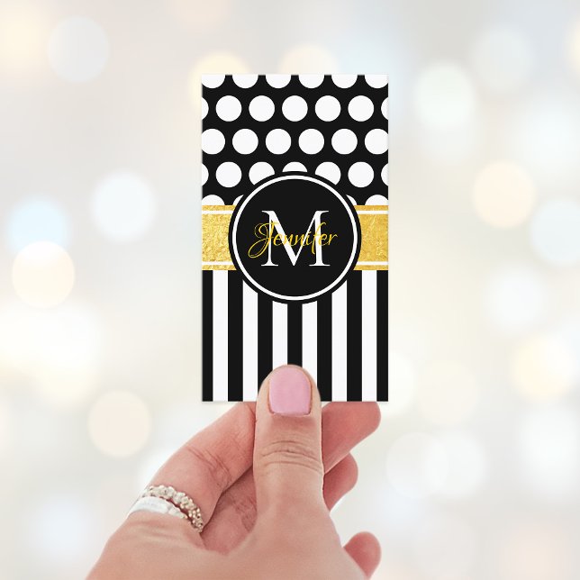 Black White Rand Polka Dot Guld Monogram Visitkort (Monogram Modern Color Block Style Business Card)