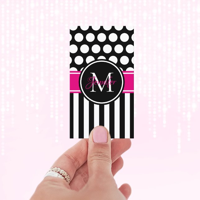 Black White Rand Polka Dot Shock rosa Monogram Visitkort (Black White and Hot Pink Monogram Business Cards)