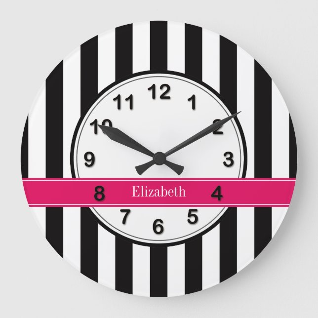 Black White Rand Raspberry Ribbon Namn Monogram Stor Klocka (Framsida)