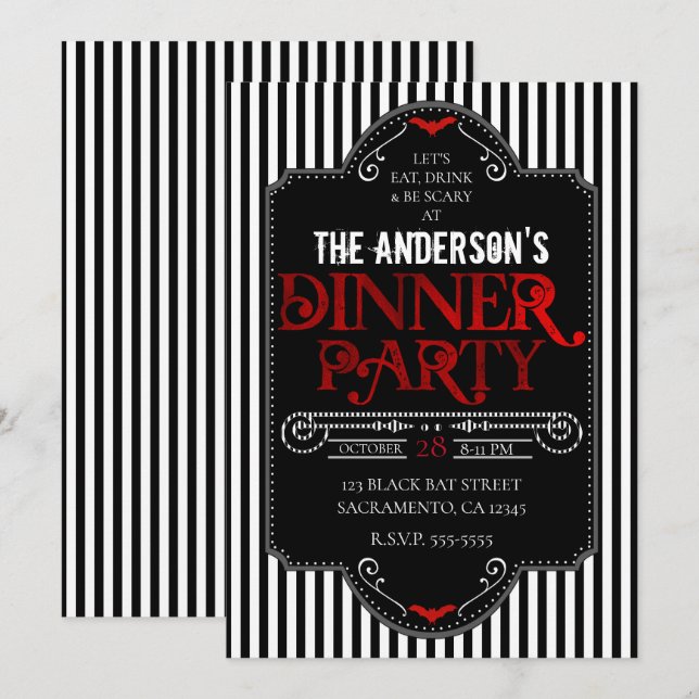 Black White Rand Red Gothic Dinner Party Inbjudningar (Fram/baksida)