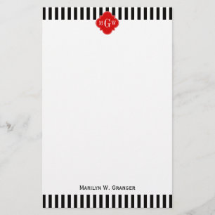 Black White Rand Red Quatrefoil 3 Monogram Brevpapper