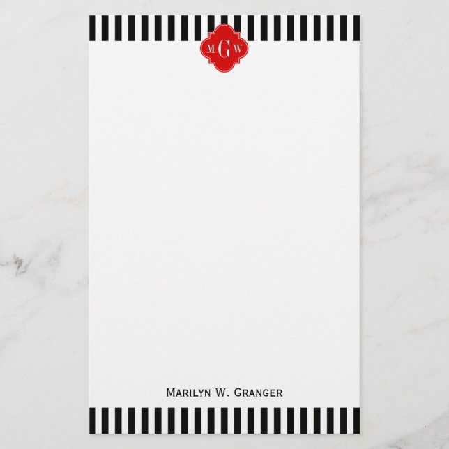 Black White Rand Red Quatrefoil 3 Monogram Brevpapper (Framsida)
