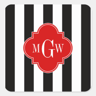 Black White Rand Red Quatrefoil 3 Monogram Fyrkantigt Klistermärke