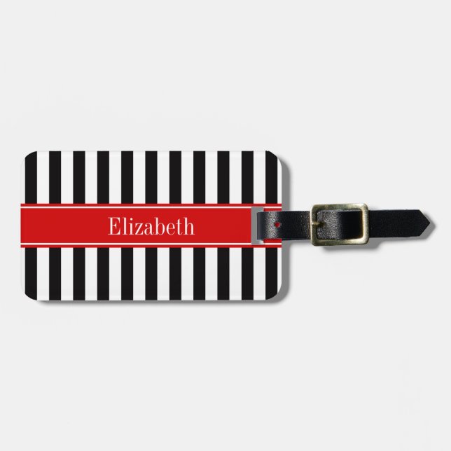 Black White Rand Red Ribbon Namn Monogram Bagagebricka (Horisontell Framsida)
