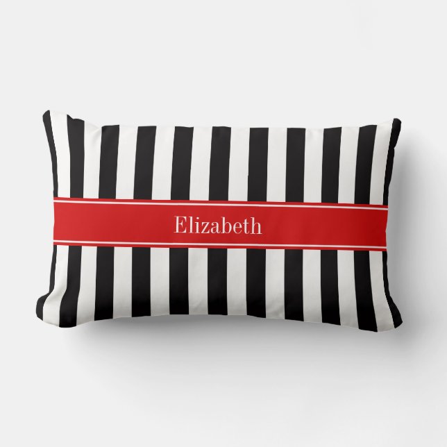 Black White Rand Red Ribbon Namn Monogram Lumbarkudde (Framsida)