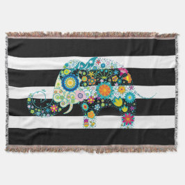 Black & White Rand Retro Blommigt Elephant Mysfilt