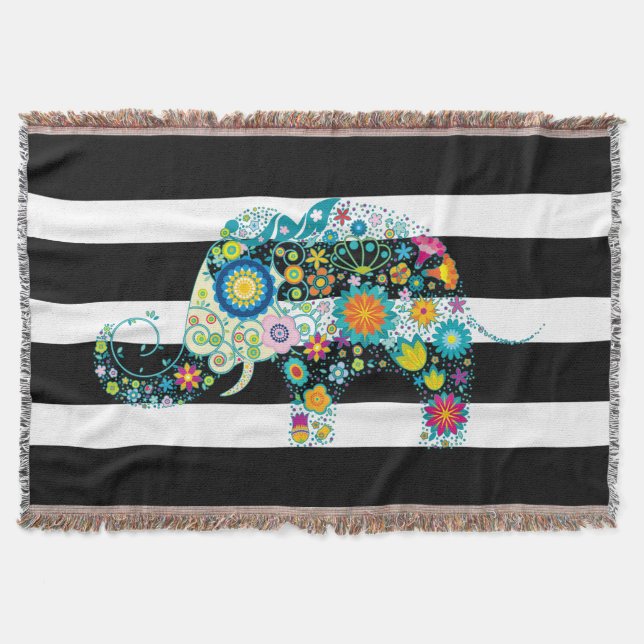 Black & White Rand Retro Blommigt Elephant Mysfilt (Framsidan)