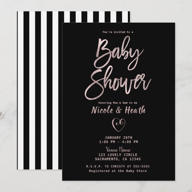 Black White Rand Ro Guld Rosa Baby Shower Inbjudningar (Fram/baksida)