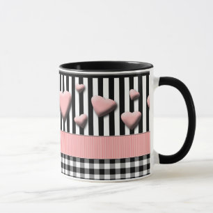 Black White Rand Rosa Hearts Mugg