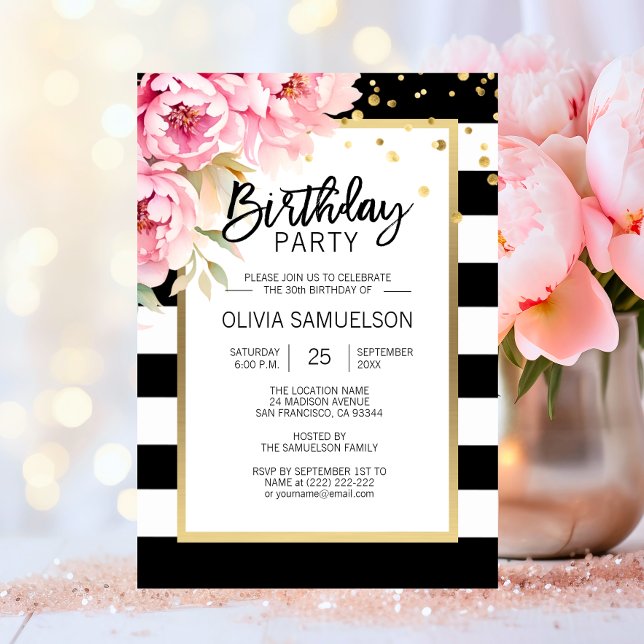 Black White Rand Rosa Peonies Födelsedagsfest Inbjudningar (Black White Watercolor Pink Floral Birthday Party Invitation)