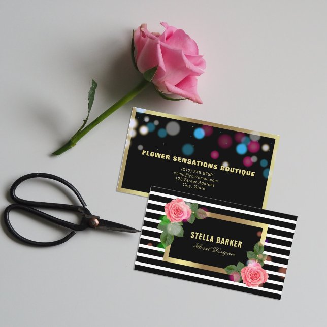 Black & White Rand Rosa ros Ljus Florist Visitkort (Skapare uppladdad)