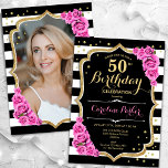 Black White Rand Rosa ros Photo 50:e födelsedagen Inbjudningar<br><div class="desc">Femininininbjudan till elegantens blommigt på 50 års födelsedag med ditt foto på baksidan av kortet. Glam svartvit rosa design med faux glitter guld. Innehåller svart och vitt rand, rosa ros, skript och konetti. Perfekt för en snyggt vuxen under firande party. Anpassa med dina egna detaljer. Kan anpassas för vilken ålder...</div>