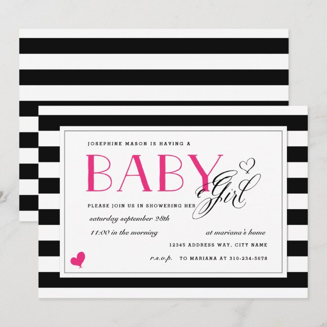 Black & White Rand Shock rosa Girl Baby Shower Inbjudningar (Fram/baksida)