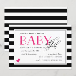 Black & White Rand Shock rosa Girl Baby Shower Inbjudningar