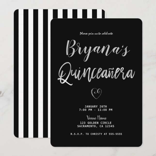 Black & White Rand Silver Heart 15 Quinceañera Inbjudningar (Fram/baksida)