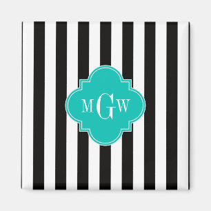 Black White Rand Teal Quatrefoil 3 Monogram Magnet