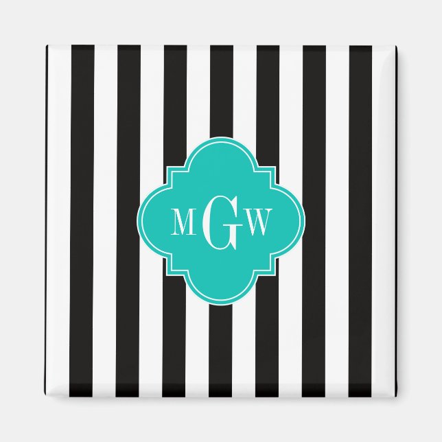 Black White Rand Teal Quatrefoil 3 Monogram Magnet (Framsidan)