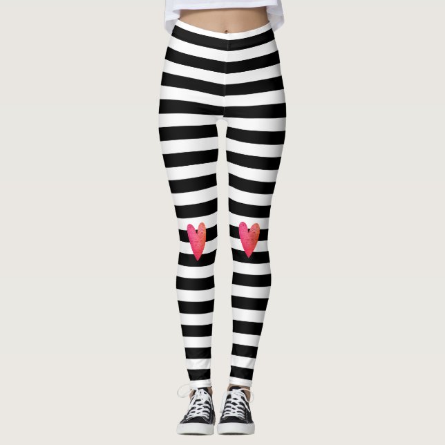 Black White Rand Trendig Rosa Heart Valentine Leggings (Framsida)