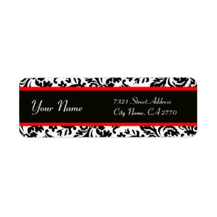 BLACK WHITE RED ART NOUVEAU DAMASK RETURADRESS ETIKETT