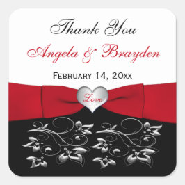Black White Red Blommigt Heart Wedor Favor Sticker Fyrkantigt Klistermärke