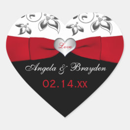Black White Red Blommigt Heart Wedor Favor Sticker Hjärtformat Klistermärke