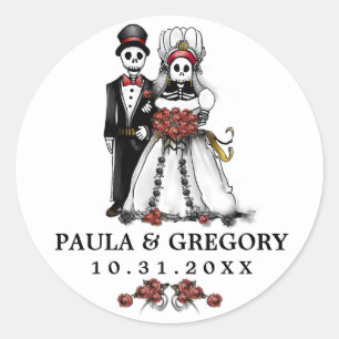 Black & White Red Bröllop Skeletons Round Runt Klistermärke