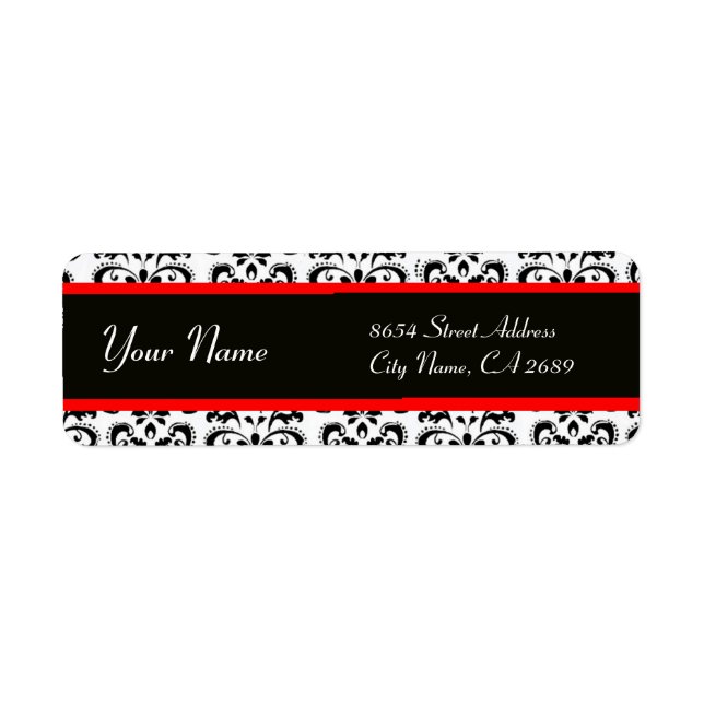 BLACK WHITE RED BURGUNDDAMASK RETURADRESS ETIKETT (Framsidan)