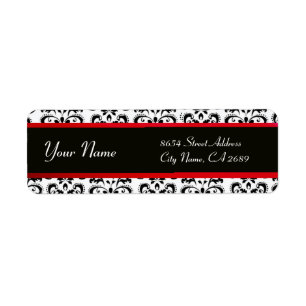 BLACK WHITE RED BURGUNDY DAMASK RETURADRESS ETIKETT
