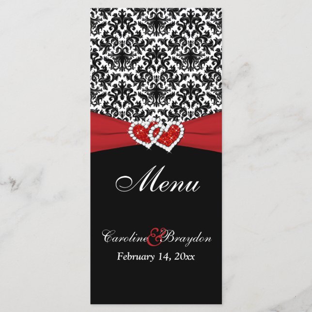 Black White Red Damask, Hearts Bröllop Menu Meny (Framsida)