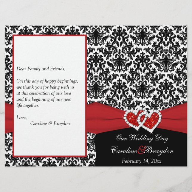Black White Red Damask, Hearts Bröllopsprogram (Framsida)