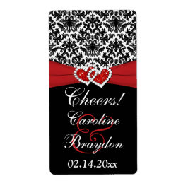 Black White Red Damask Hearts Vin-etikett Fraktsedel