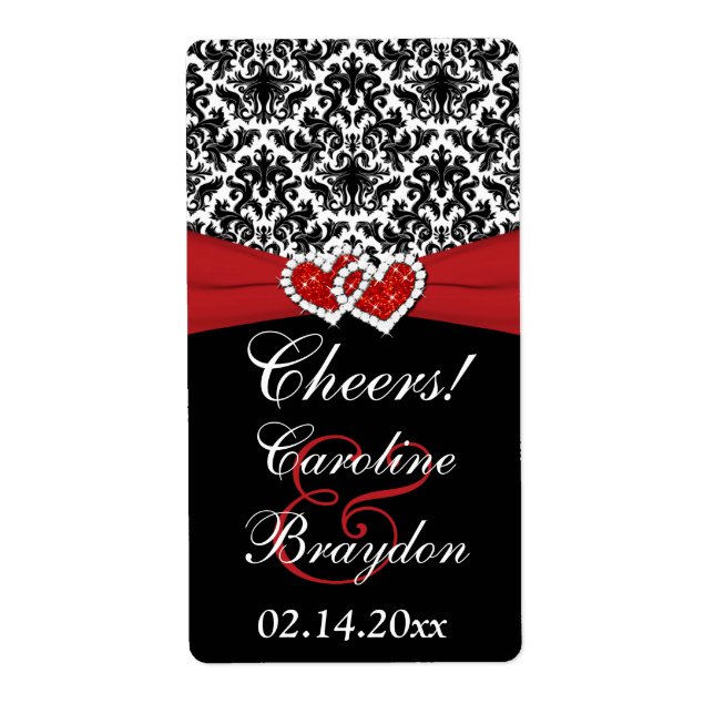 Black White Red Damask Hearts Vin-etikett Fraktsedel (Framsidan)