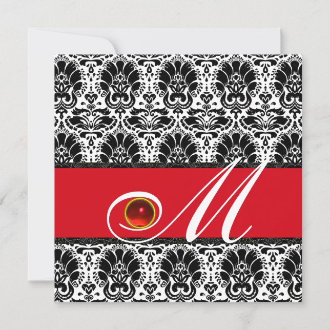 BLACK WHITE RED DAMASK MONOGRAM Ruby Inbjudningar (Framsida)