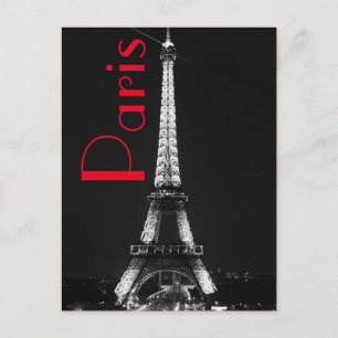 Black White Red Eiffel Torn i Paris-natten Vykort