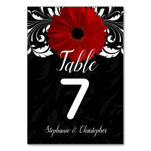 Black White Red Gerbera Daisy Bröllop Bordsnummer