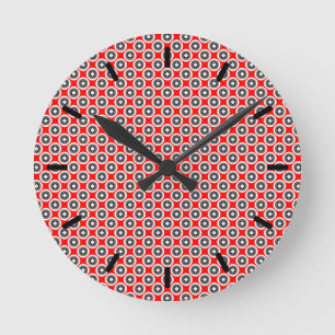 Black White Red Grått Mönster Rund Klocka