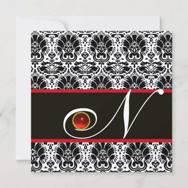 BLACK WHITE RED GULD DAMASK MONOGRAM Ruby Inbjudningar (Framsida)
